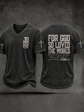 Men's Christian John 3:16 For God So Loved The World Cross Short Sleeve V-neck T-shirt