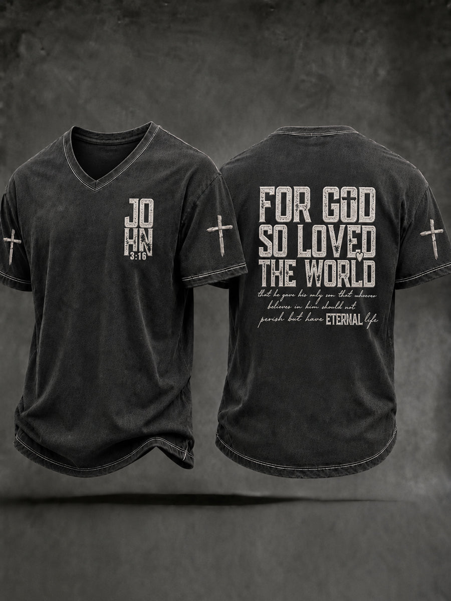 Men's Christian John 3:16 For God So Loved The World Cross Short Sleeve V-neck T-shirt