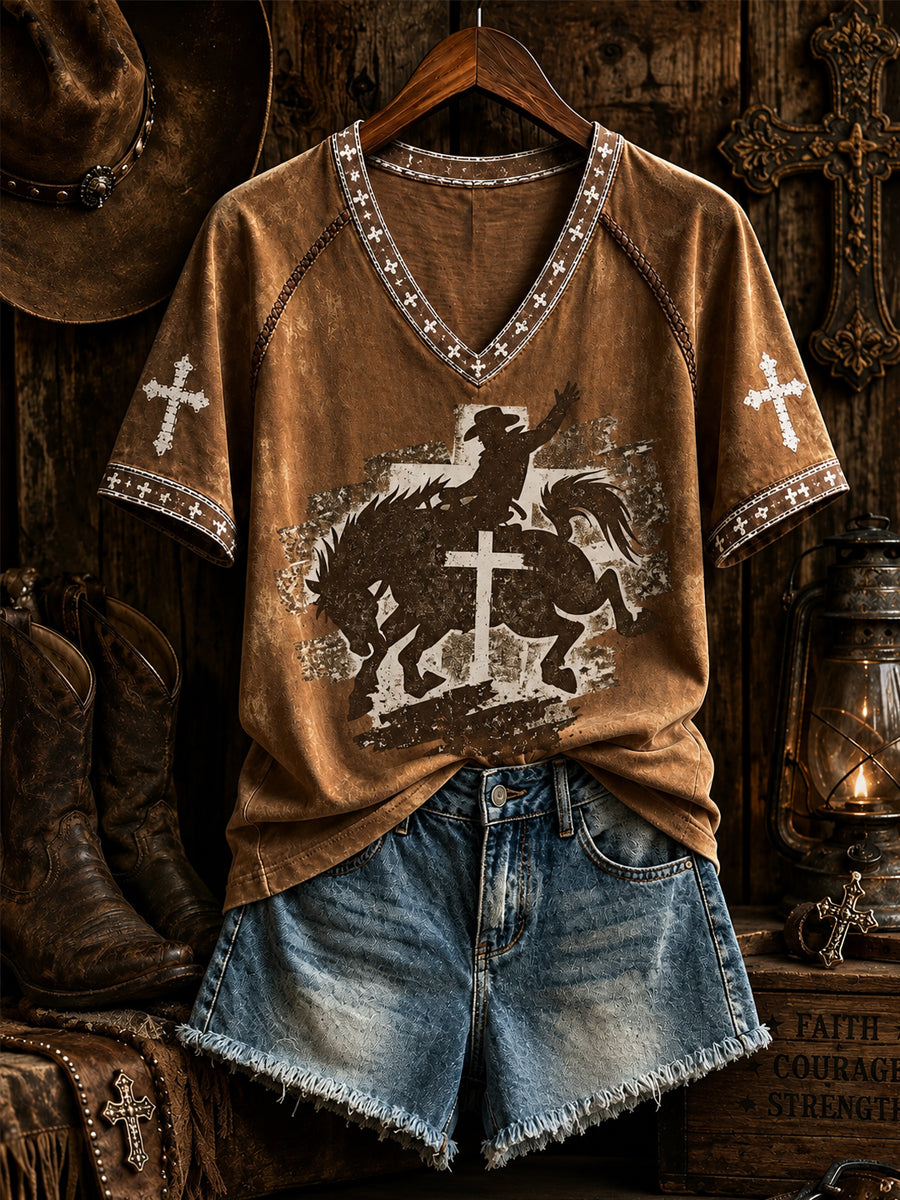 Women's Retro Western Christian Cross Short Sleeve T-shirt