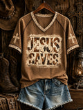 Women's Retro Western Christian JESUS SAVES Cross Short Sleeve T-shirt