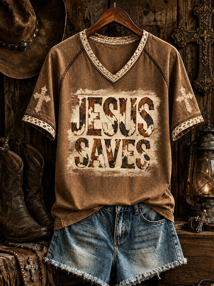 Women's Retro Western Christian JESUS SAVES Cross Short Sleeve T-shirt