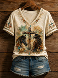 Women's Retro Western Faith Horse And Cowgirl Print Casual V-Neck Tee