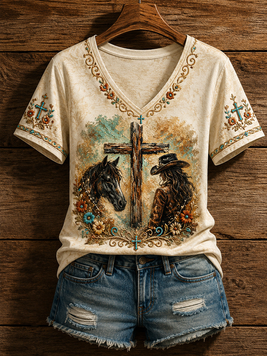 Women's Retro Western Faith Horse And Cowgirl Print Casual V-Neck Tee