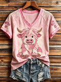 Women's Vintage Patchwork Highland Cow Art Cross Print V-neck Short-sleeved T-shirt