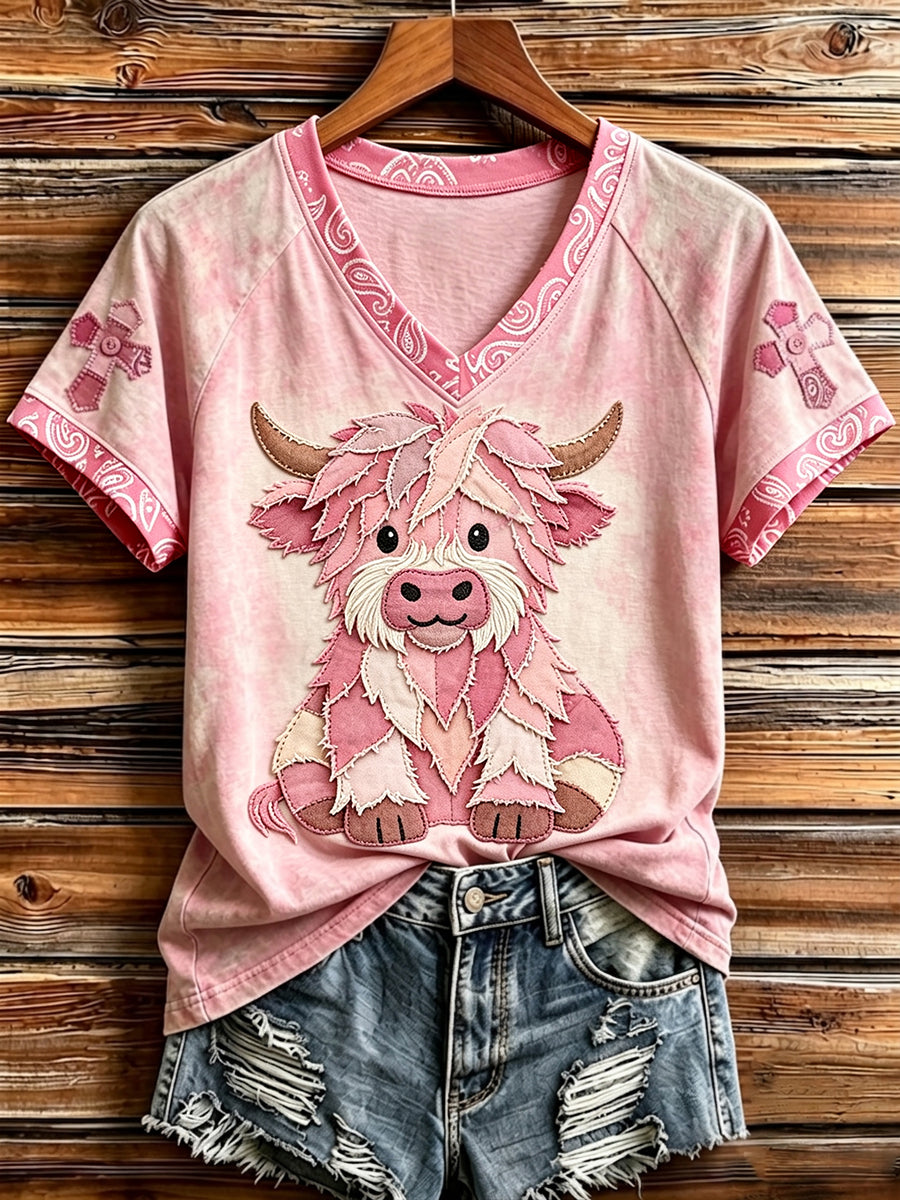 Women's Vintage Patchwork Highland Cow Art Cross Print V-neck Short-sleeved T-shirt