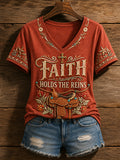 Women's Retro Western Faith Print Casual V-Neck Tee