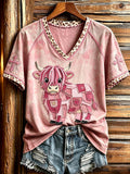Women's Vintage Patchwork Highland Cow Art Cross Print V-neck Short-sleeved T-shirt
