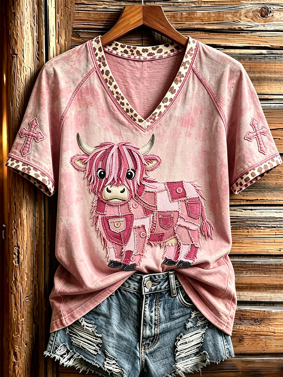 Women's Vintage Patchwork Highland Cow Art Cross Print V-neck Short-sleeved T-shirt