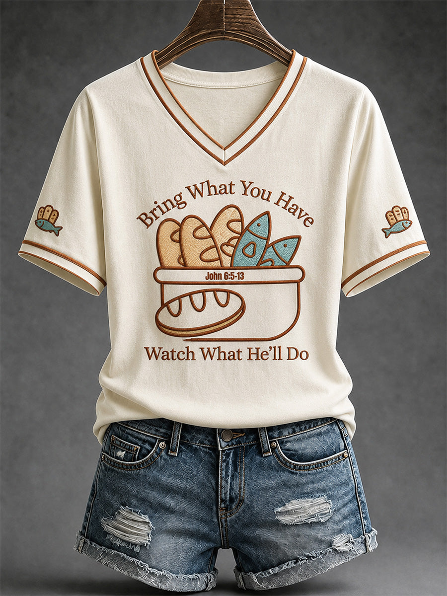 Women's Jesus 2 Fishes 5 Breads 5000 Chosen Against The Current Print Casual V-Neck Tee