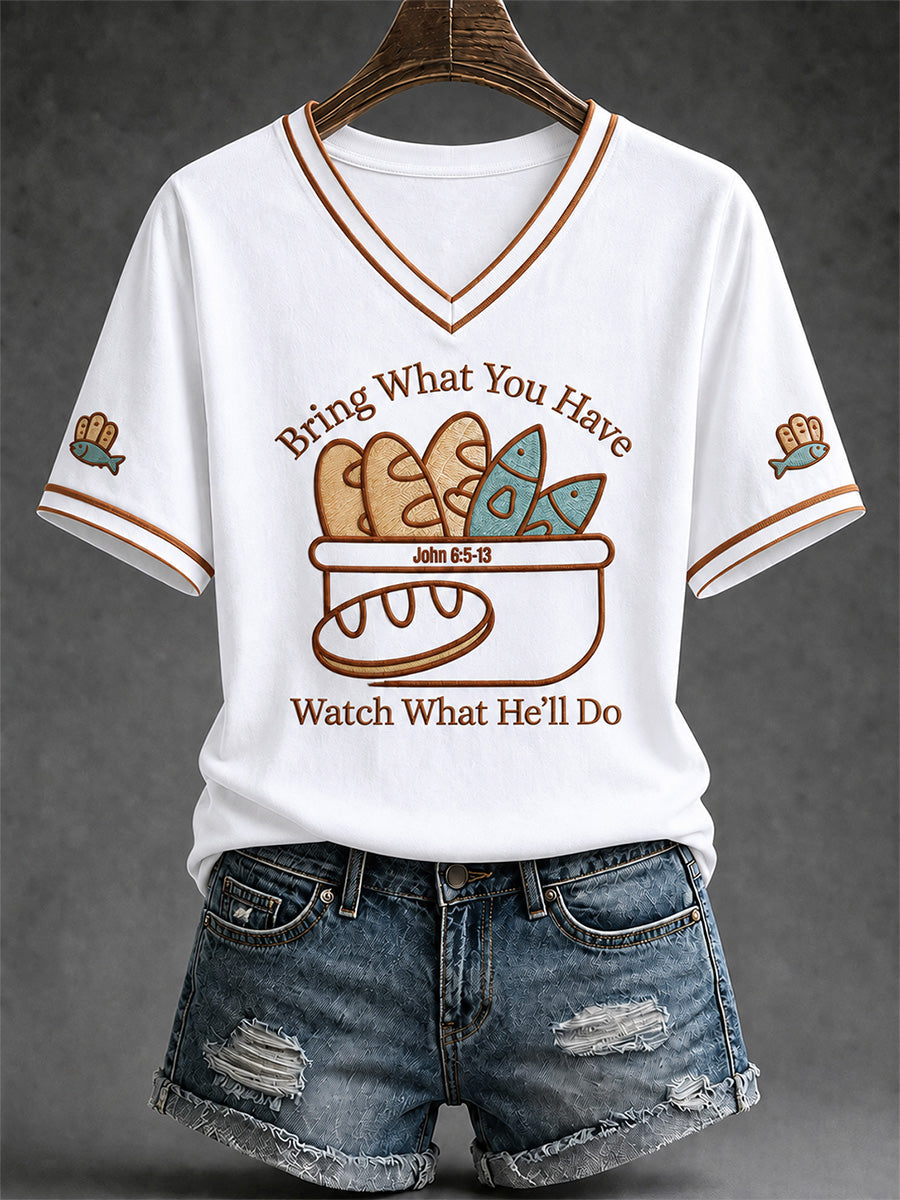 Women's Jesus 2 Fishes 5 Breads 5000 Chosen Against The Current Print Casual V-Neck Tee