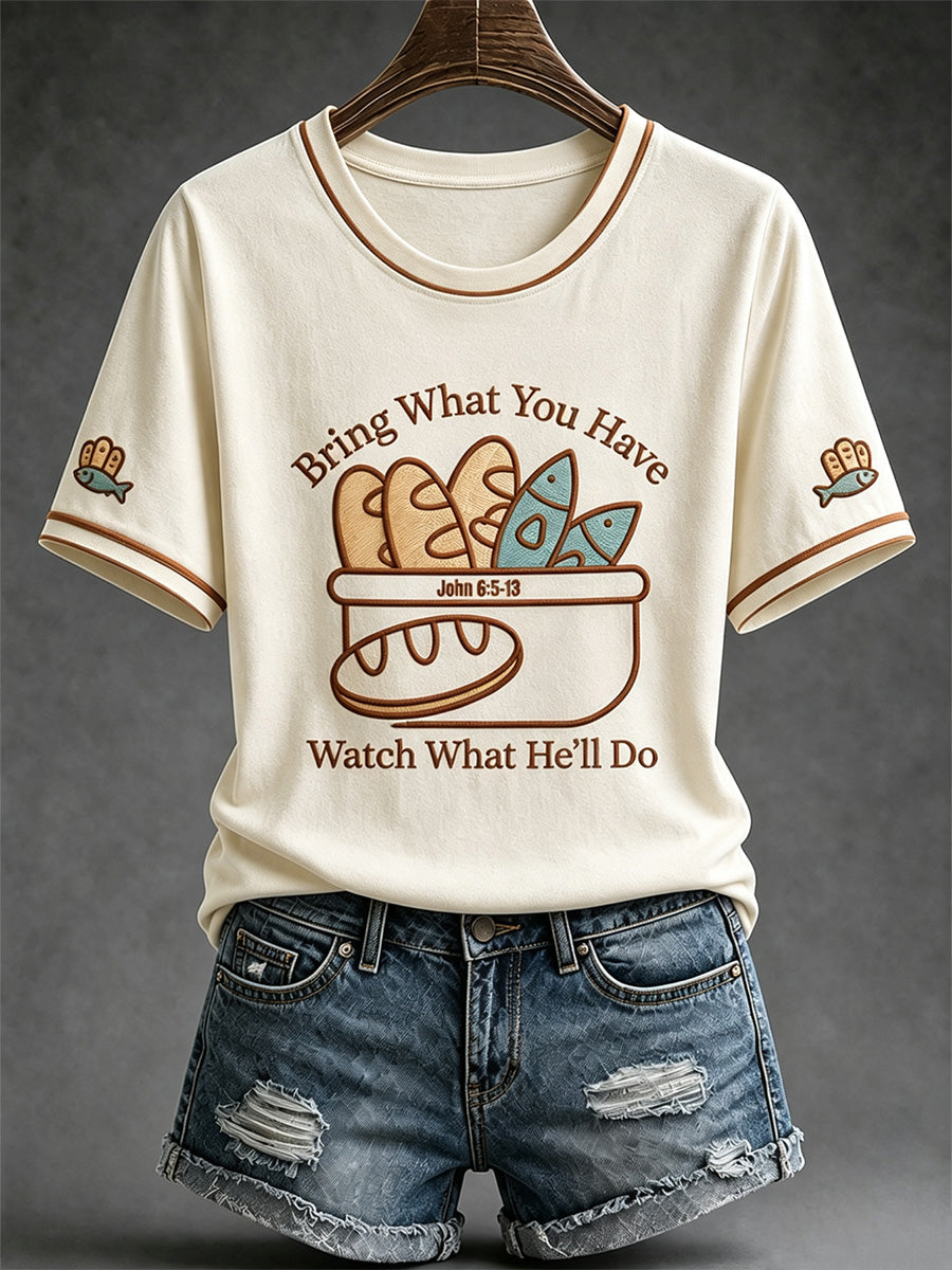 Women's Jesus 2 Fishes 5 Breads 5000 Chosen Against The Current Print Casual Tee