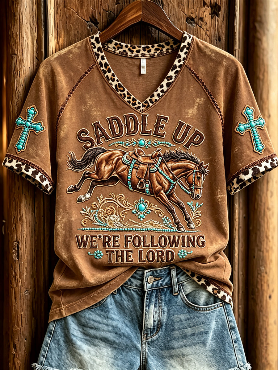 Women's Saddle Up We're Following the Lord Horse & Turquoise Cross Print short-sleeved T-shirt