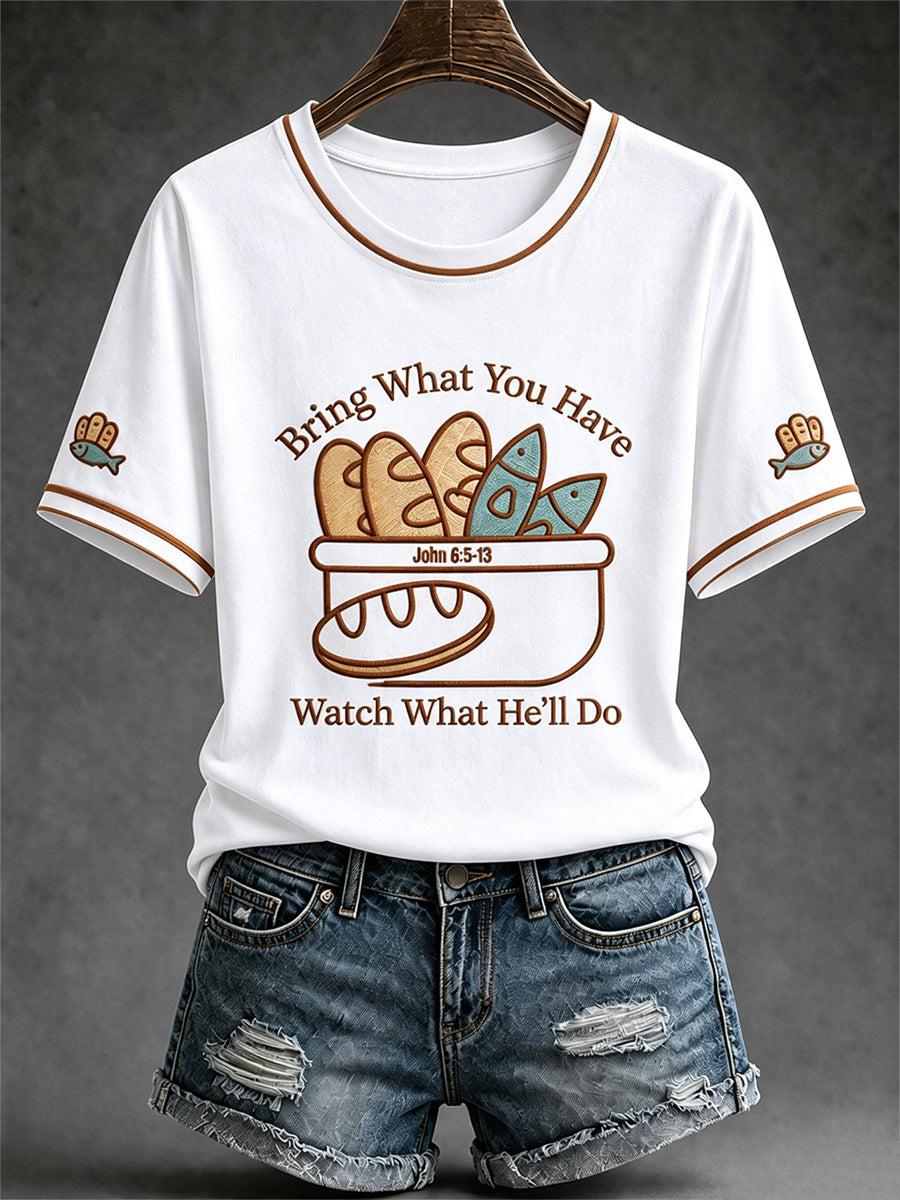 Women's Jesus 2 Fishes 5 Breads 5000 Chosen Against The Current Print Casual Tee