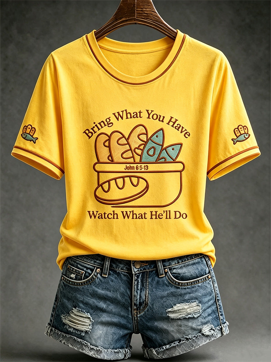 Women's Jesus 2 Fishes 5 Breads 5000 Chosen Against The Current Print Casual Tee