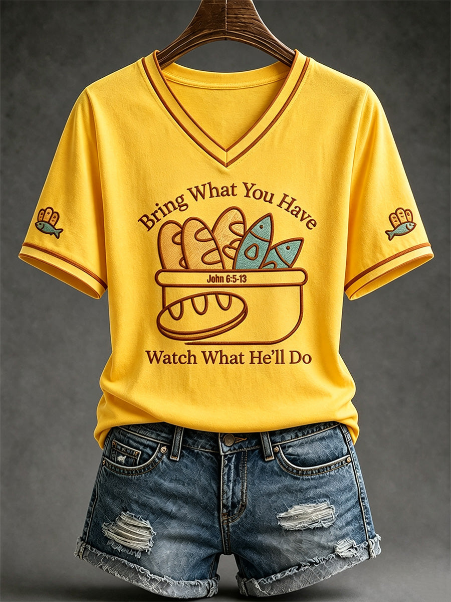 Women's Jesus 2 Fishes 5 Breads 5000 Chosen Against The Current Print Casual V-Neck Tee