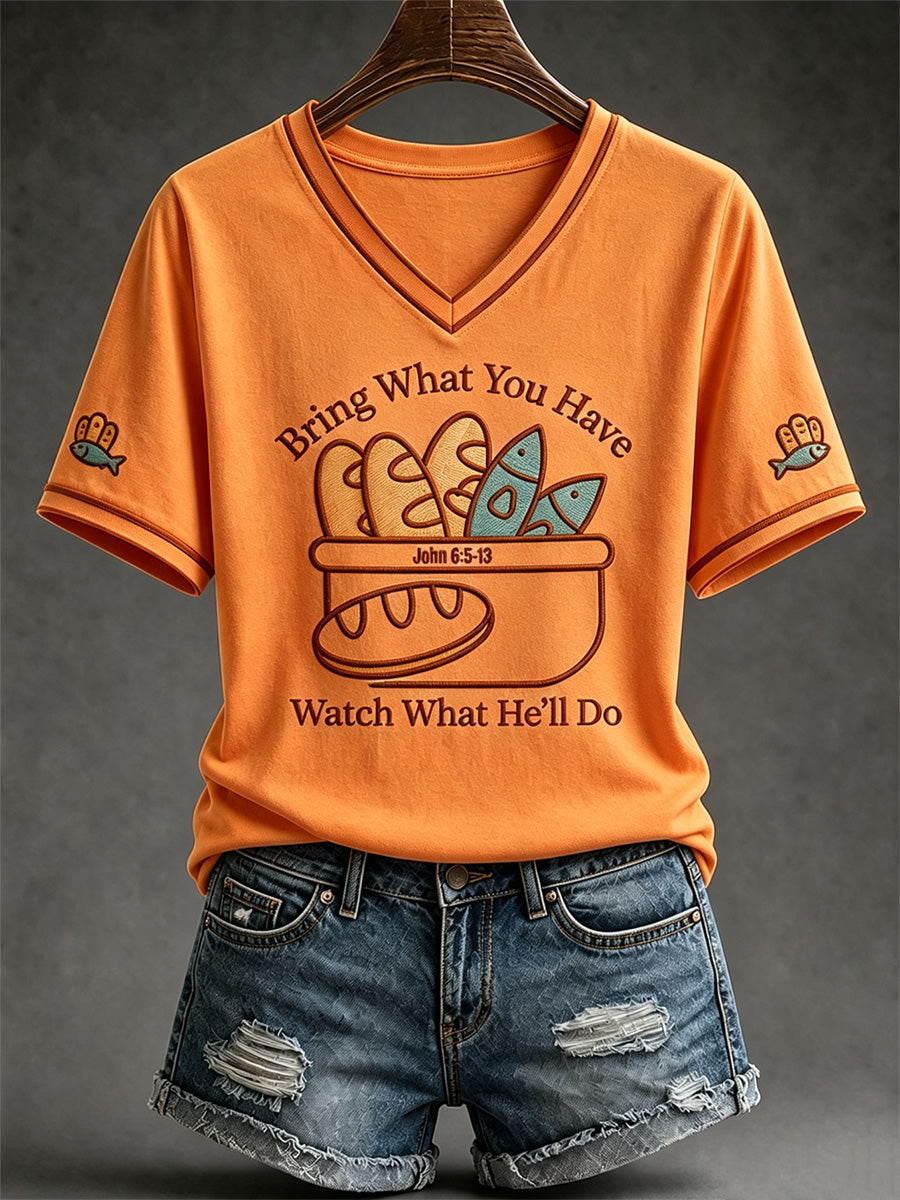 Women's Jesus 2 Fishes 5 Breads 5000 Chosen Against The Current Print Casual V-Neck Tee