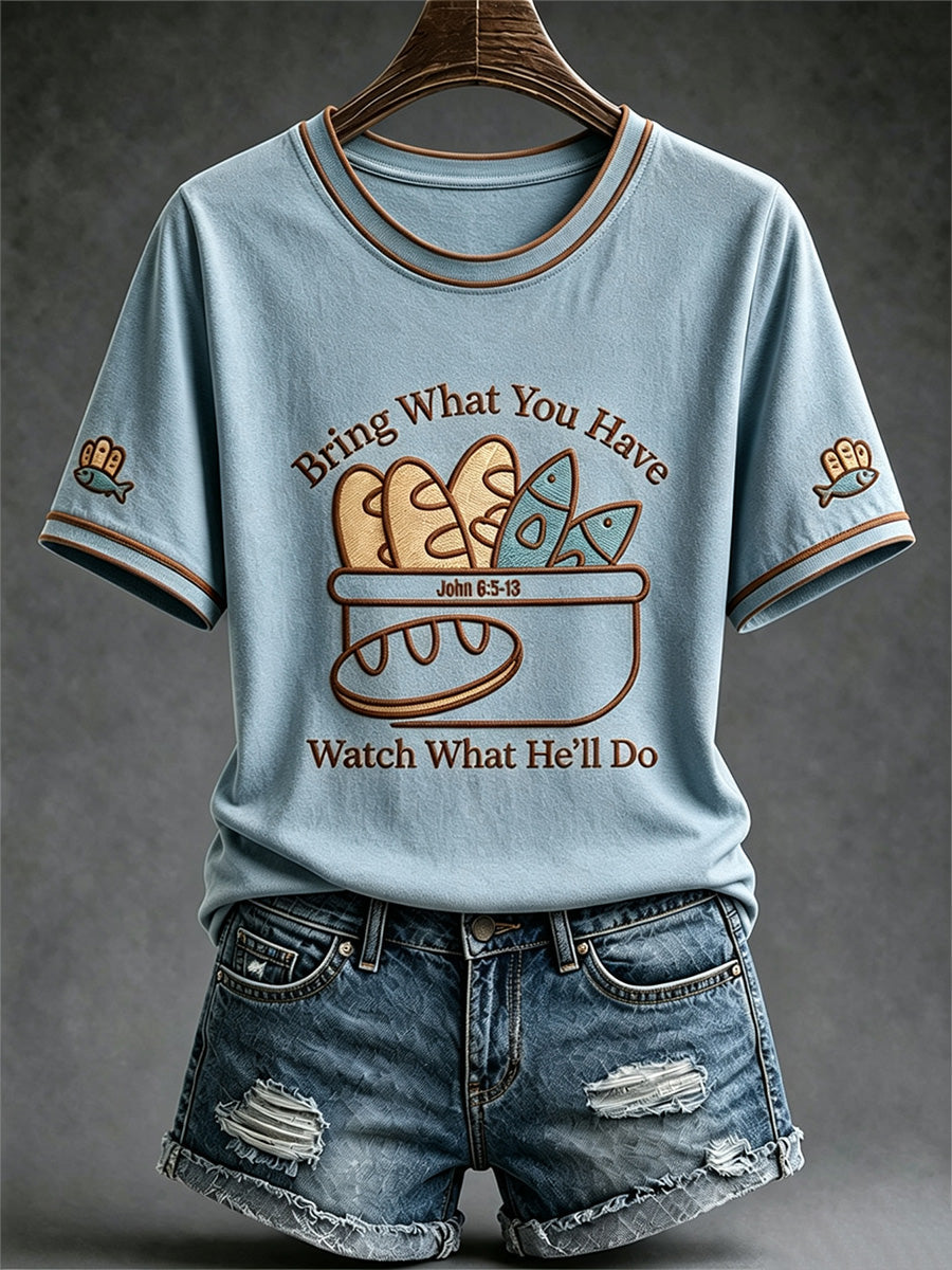 Women's Jesus 2 Fishes 5 Breads 5000 Chosen Against The Current Print Casual Tee