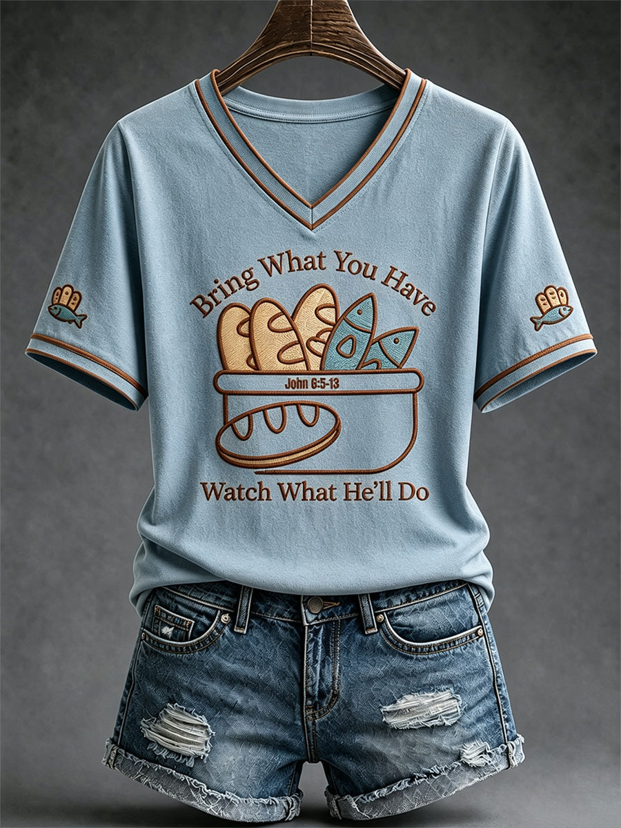 Women's Jesus 2 Fishes 5 Breads 5000 Chosen Against The Current Print Casual V-Neck Tee