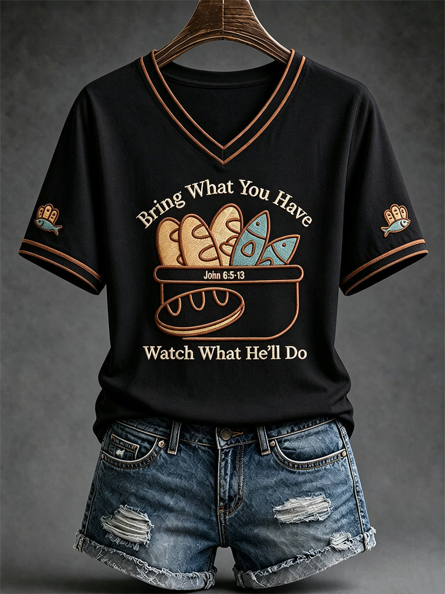 Women's Jesus 2 Fishes 5 Breads 5000 Chosen Against The Current Print Casual V-Neck Tee