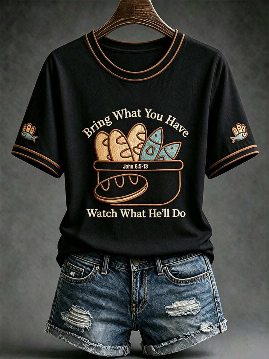 Women's Jesus 2 Fishes 5 Breads 5000 Chosen Against The Current Print Casual Tee