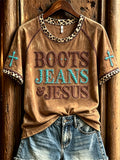 Women's Boots Jeans Jesus Turquoise Leopard Print short sleeve T-shirt