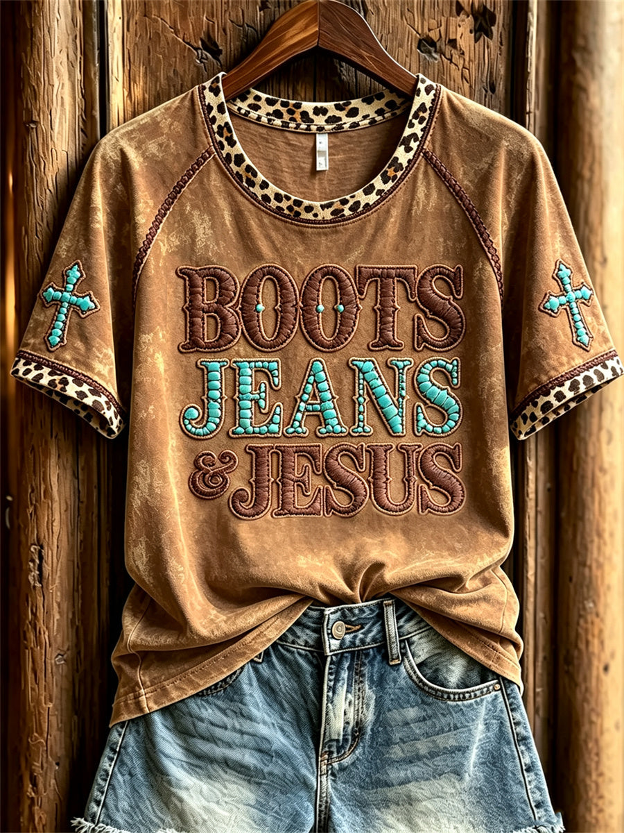 Women's Boots Jeans Jesus Turquoise Leopard Print short sleeve T-shirt