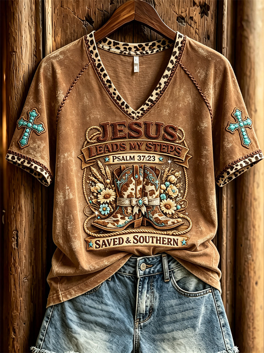 Women's Jesus Leads My Steps Western Boots Turquoise Cross Print short-sleeved T-shirt