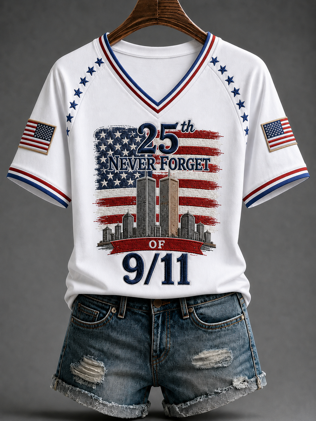 Women's American Patriot Day V-neck Off-shoulder Short-sleeved T-shirt