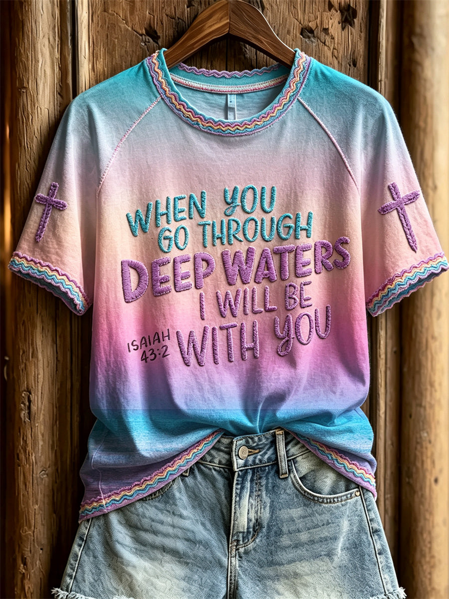 Women's When you go through deep waters I will be with you Seascape Gradient Print short-sleeved T-shirt