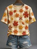 Women's Autumn Theme Maple Leaf Plaid Print T-shirt