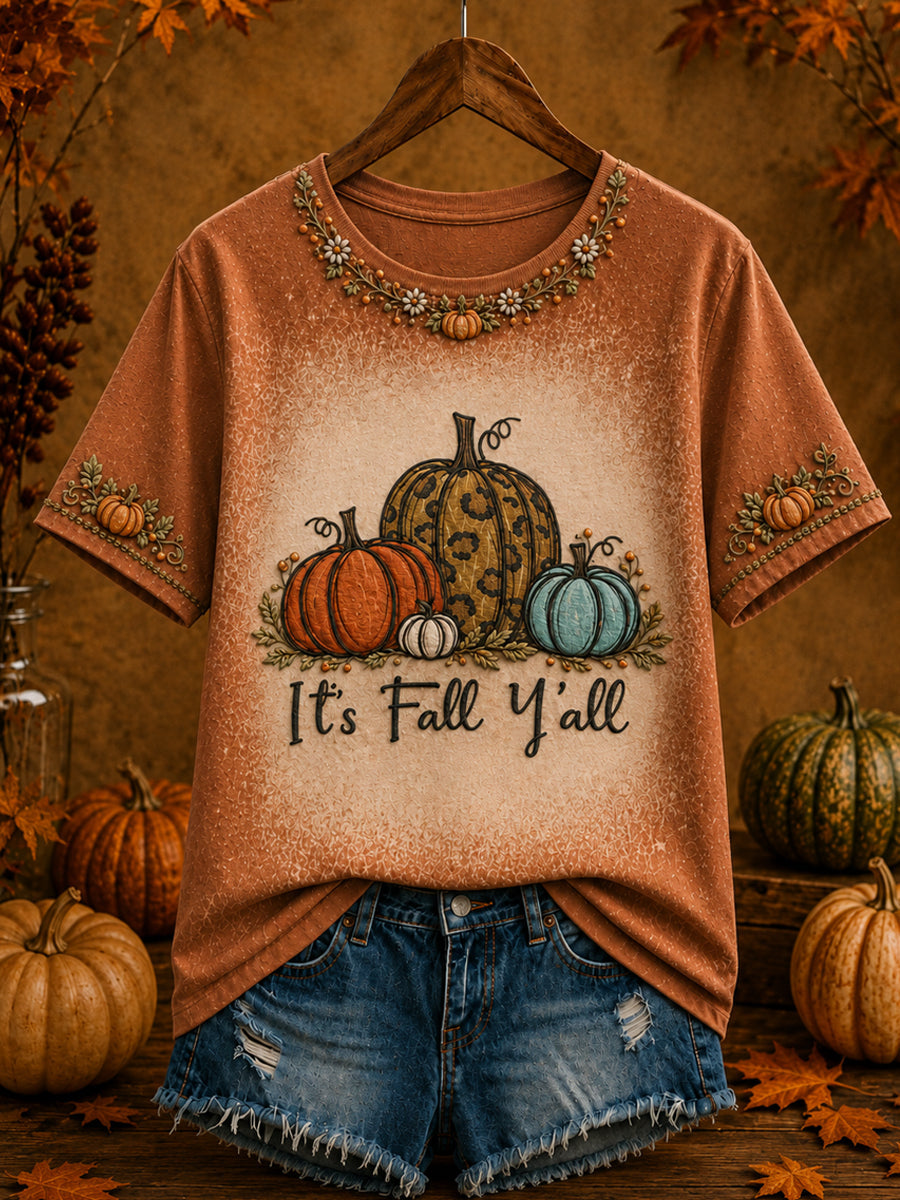 Women's Autumn It's Fall Y'ALL Printed Pumpkin Art Print Short Sleeve T-shirt
