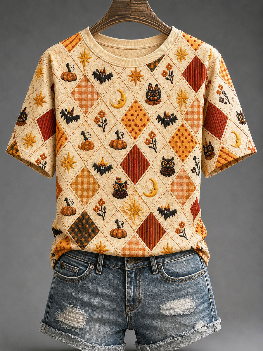 Women's Autumn Themed Playful Plaid Print T-shirt