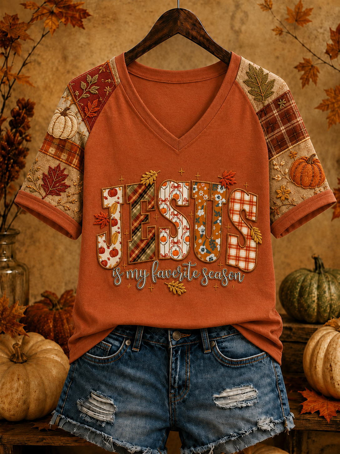 Women's  Thanksgiving Jesus Is My Favorite Season Pumpkin Art Print Short Sleeve T-shirt