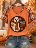Women's Hello Fall Cute Ghost Print Casual V-Neck Tee