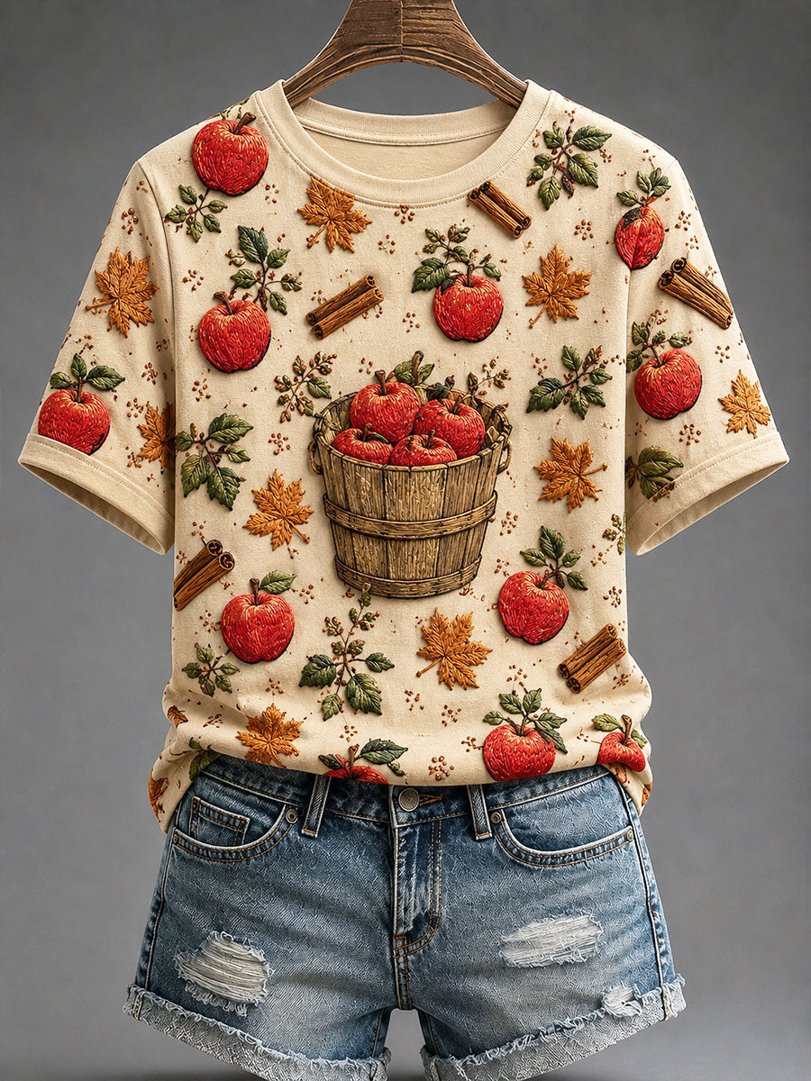 Women's Autumn Theme Apple Harvest Print T-shirt