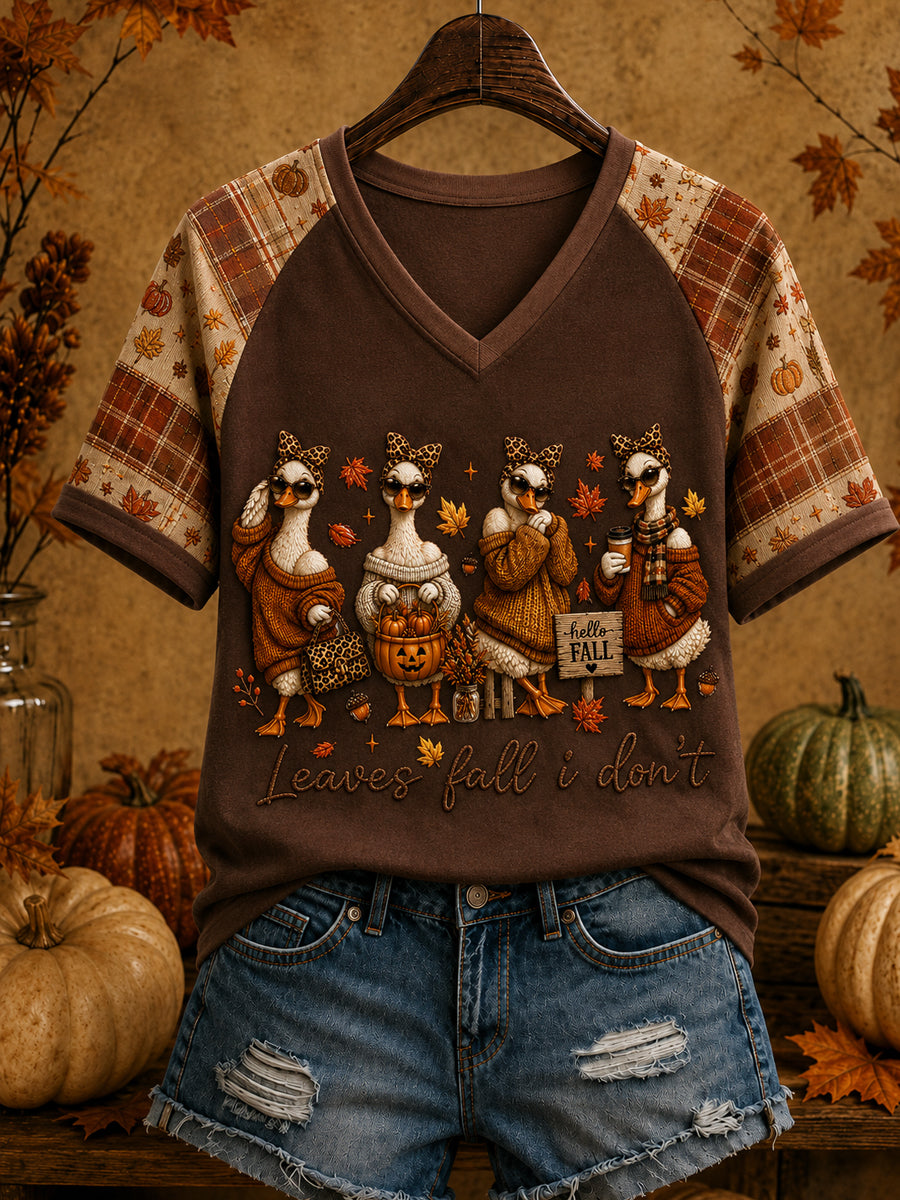 Women's   Cozy Season Leaves Fall I Don't Fall Goose Art Print Short Sleeve T-shirt