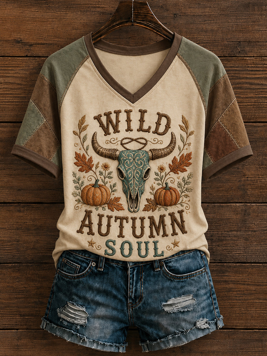 Women's Western Autumn Country Fall Graphic V-neck T-shirt