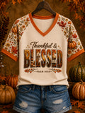 Women's  Thanksgiving  Thankful Grateful Blessed Pumpkin Art Print Short Sleeve T-shirt