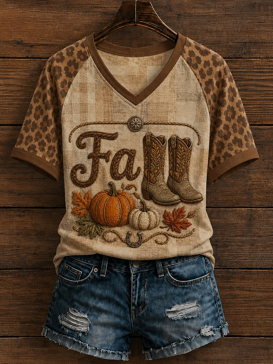 Women's Western Autumn Country Fall Graphic V-neck T-shirt