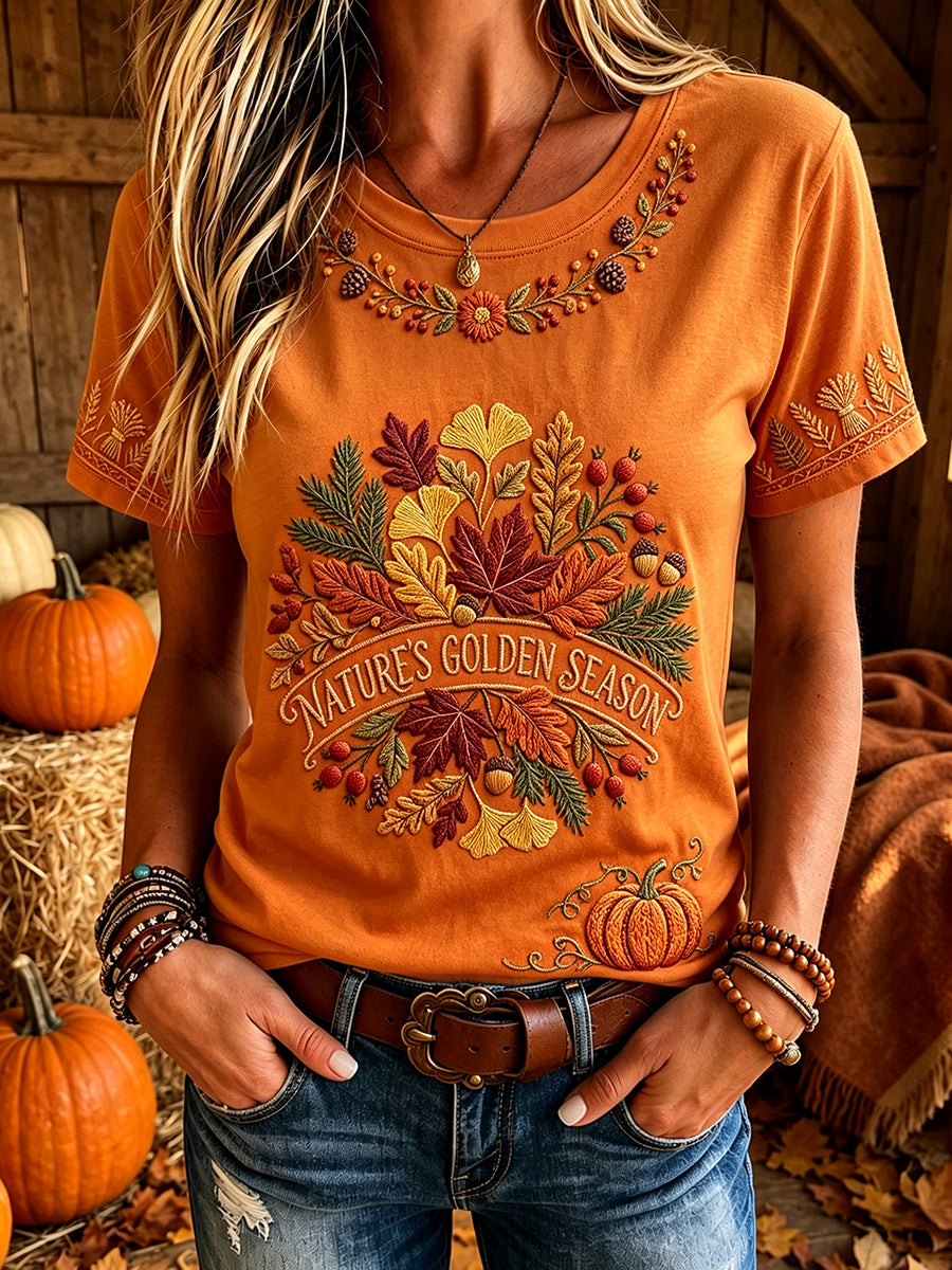 Women's Vintage Fall Floral Art Print Short-sleeved T-shirt
