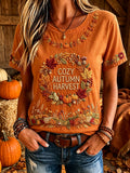 Women's Vintage Fall Floral Art Print Short-sleeved T-shirt