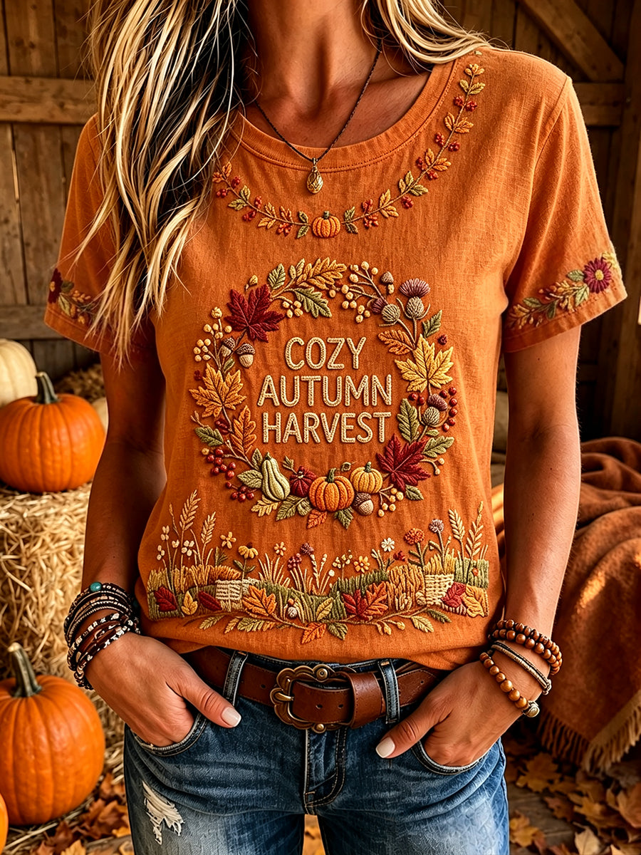 Women's Vintage Fall Floral Art Print Short-sleeved T-shirt