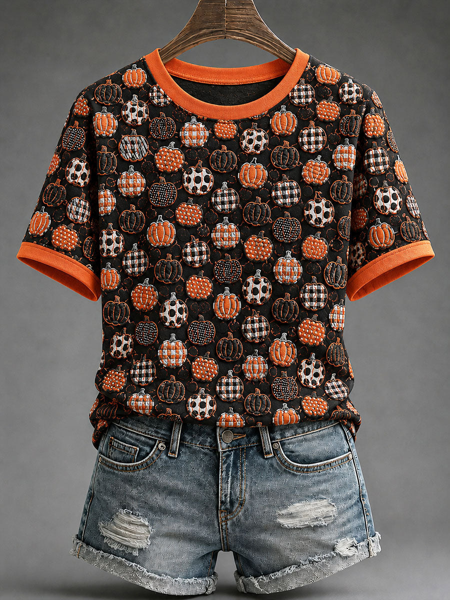 Women's Autumn-Themed Pumpkin Print T-Shirt