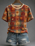 Women's Autumn Theme Maple Leaf Plaid Print T-shirt