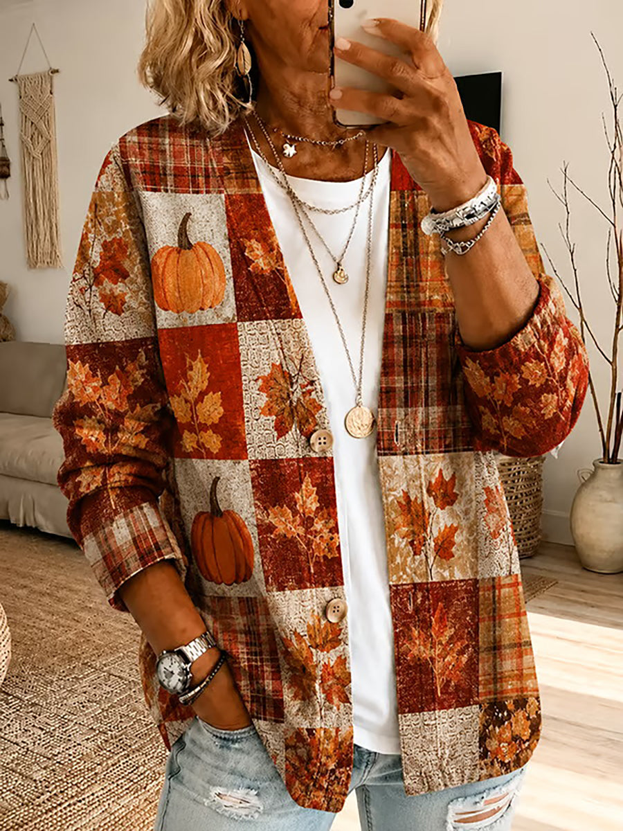 Women's Autumn Maple Leaf Print Casual Cardigan