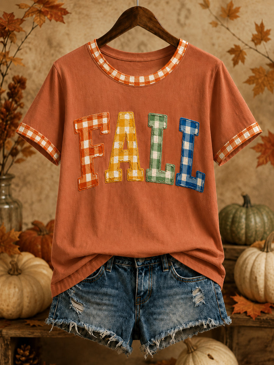 Women's Autumn Plaid Art Print Short Sleeve T-shirt