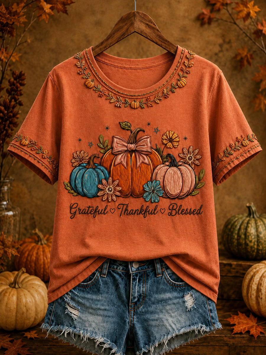 Women's  Thanksgiving  Thankful Grateful Blessed Pumpkin Art Print Short Sleeve T-shirt