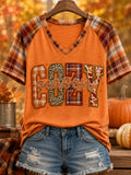 Women's Cozy Season Fall Season Print Casual V-Neck Tee