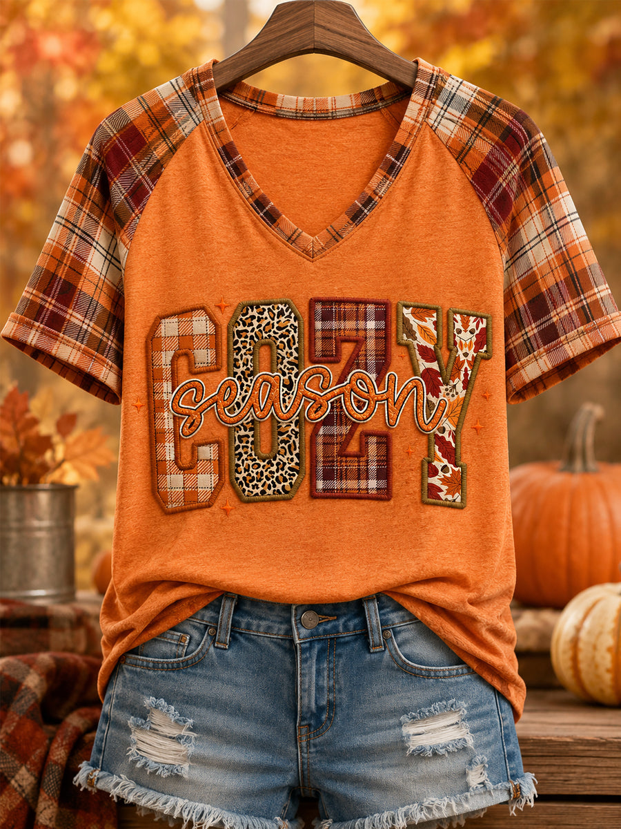 Women's Cozy Season Fall Season Print Casual V-Neck Tee