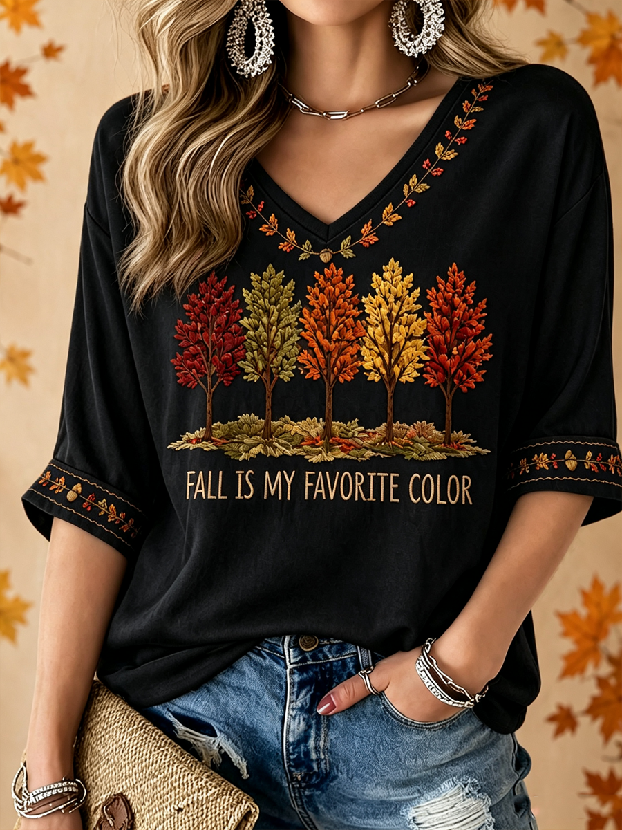 Women's Fall Is My Favorite Color Printed Mid-length Sleeves V-Neck T-Shirt